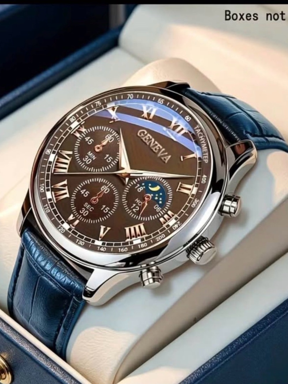 Geneva Blue Strap Silver Case Men's Multifunction Watch